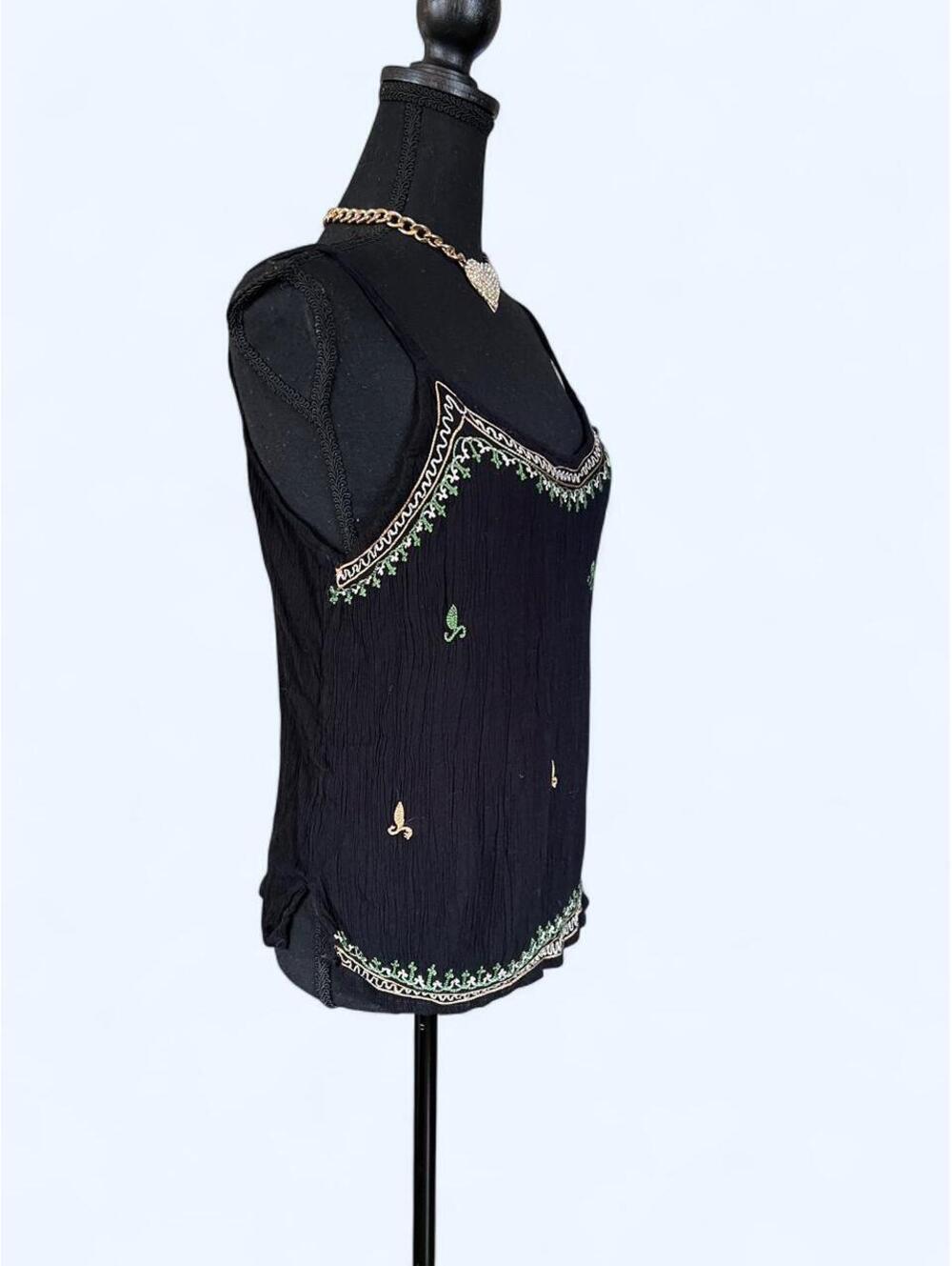 Vintage 1970s Boho Embroidered Black Gauze Tank Top Size Small 🖤 - Picture 2 of 4